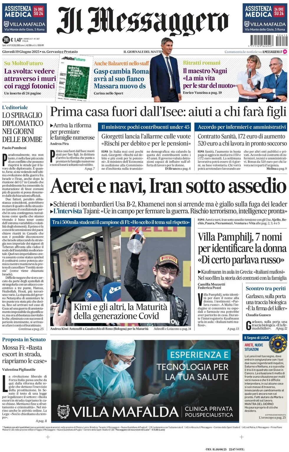 anteprima della prima pagina di il-messaggero del 19/06/2025