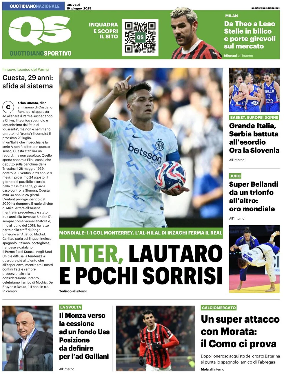 anteprima della prima pagina di qs-quotidiano-sportivo del 19/06/2025