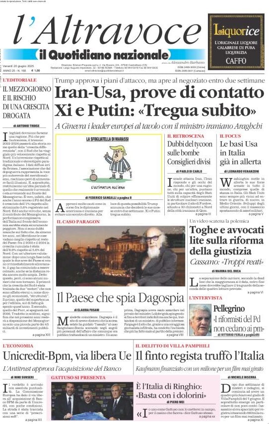 anteprima della prima pagina di il-quotidiano-del-sud-laltravoce del 20/06/2025