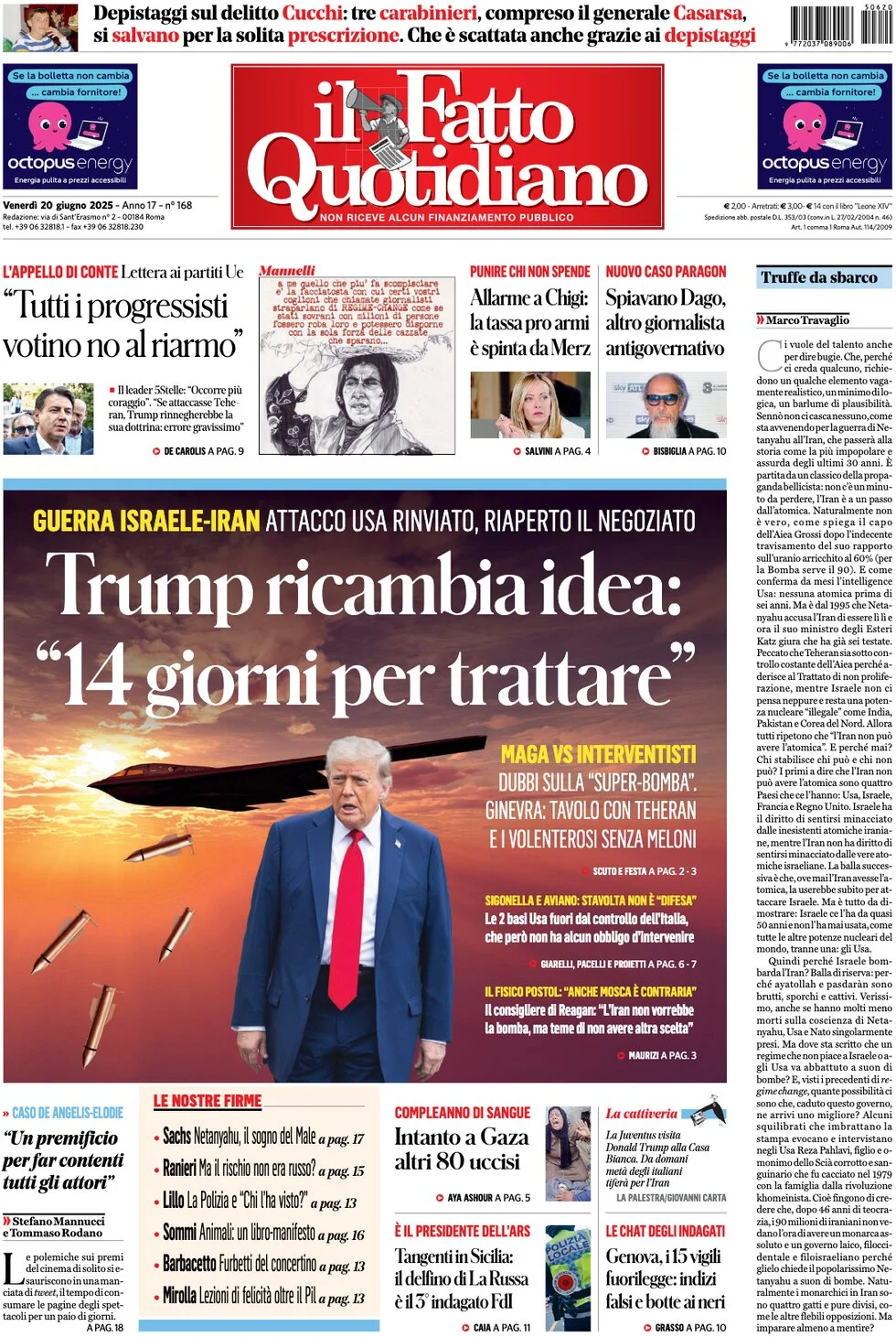 anteprima della prima pagina di il-fatto-quotidiano del 20/06/2025