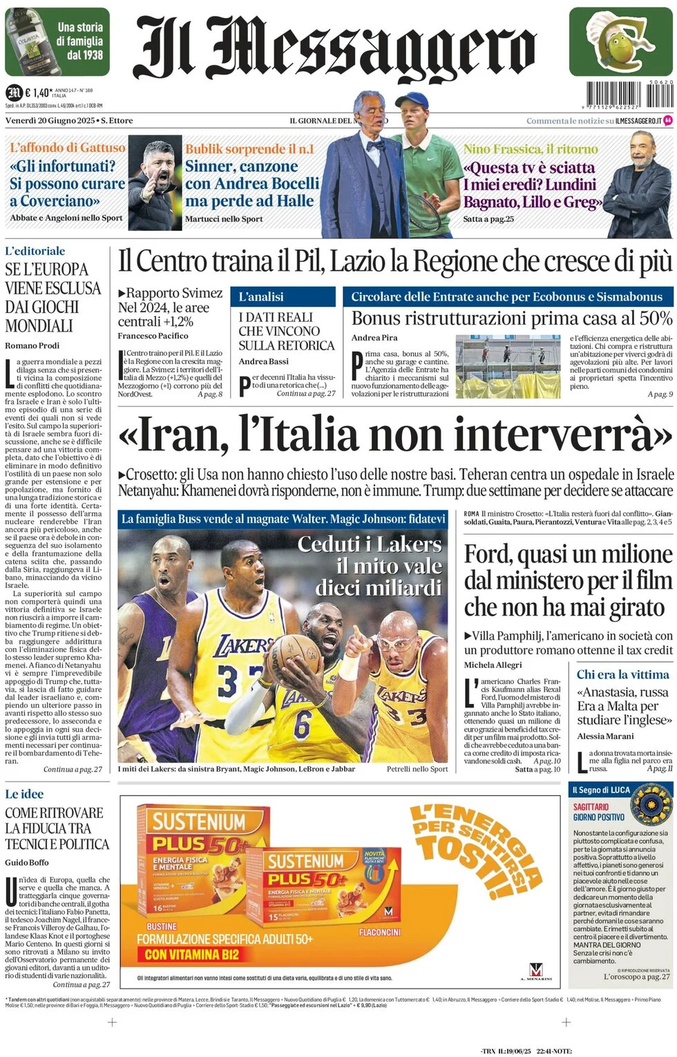anteprima della prima pagina di il-messaggero del 20/06/2025