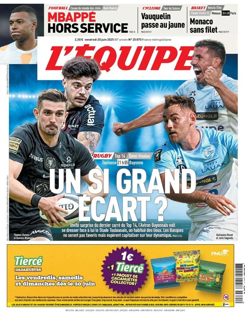 anteprima della prima pagina di lequipe del 20/06/2025