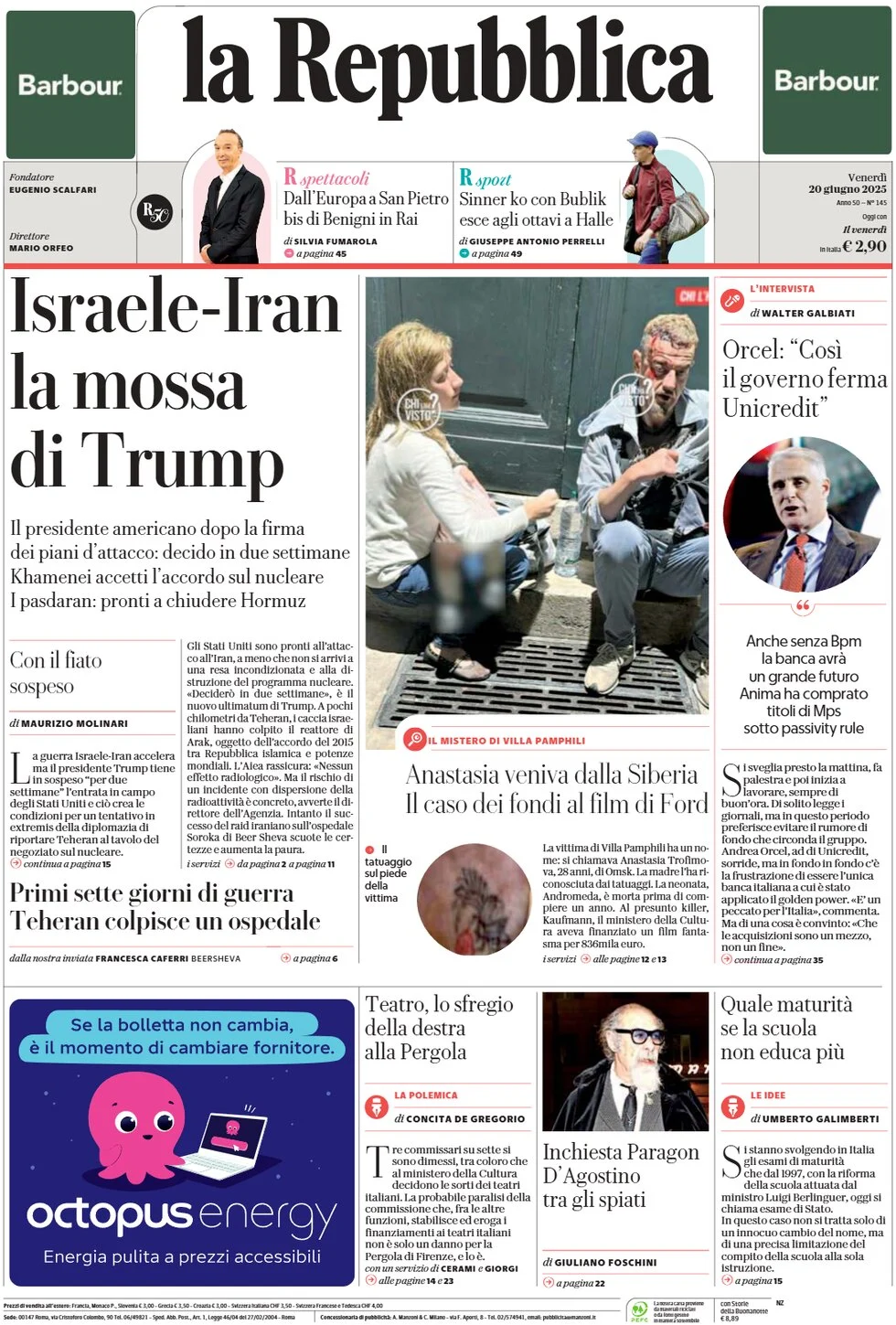 anteprima della prima pagina di la-repubblica del 20/06/2025