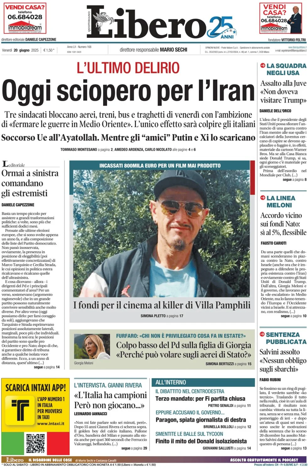 anteprima della prima pagina di libero-quotidiano del 20/06/2025