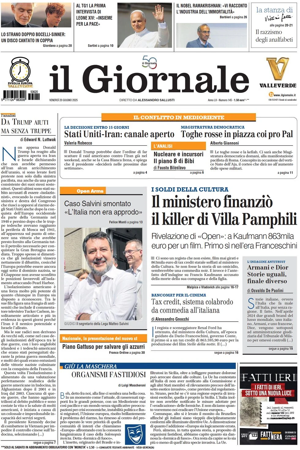 anteprima della prima pagina di il-giornale del 20/06/2025