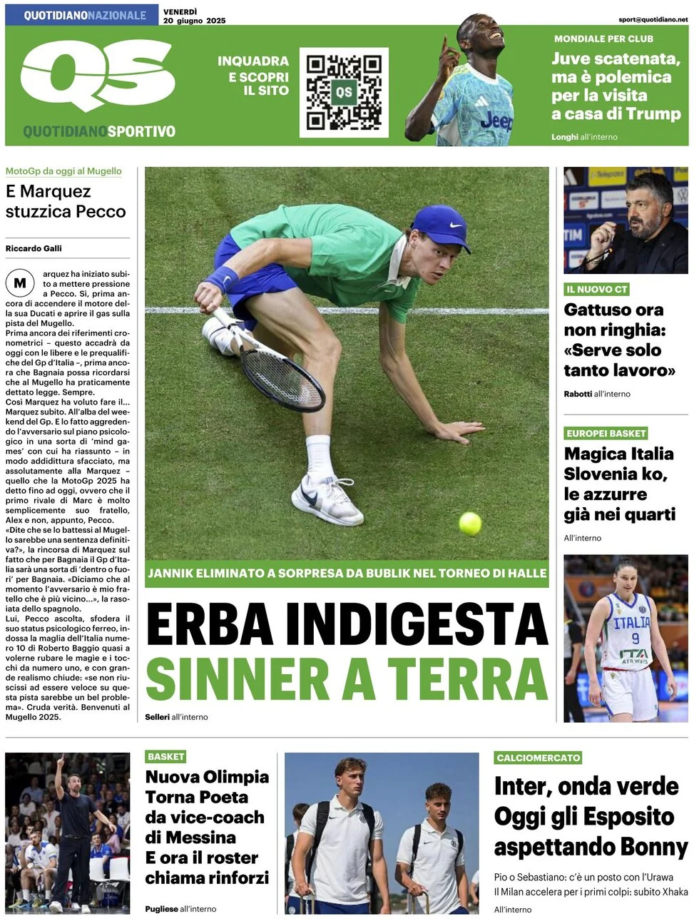 anteprima della prima pagina di qs-quotidiano-sportivo del 20/06/2025