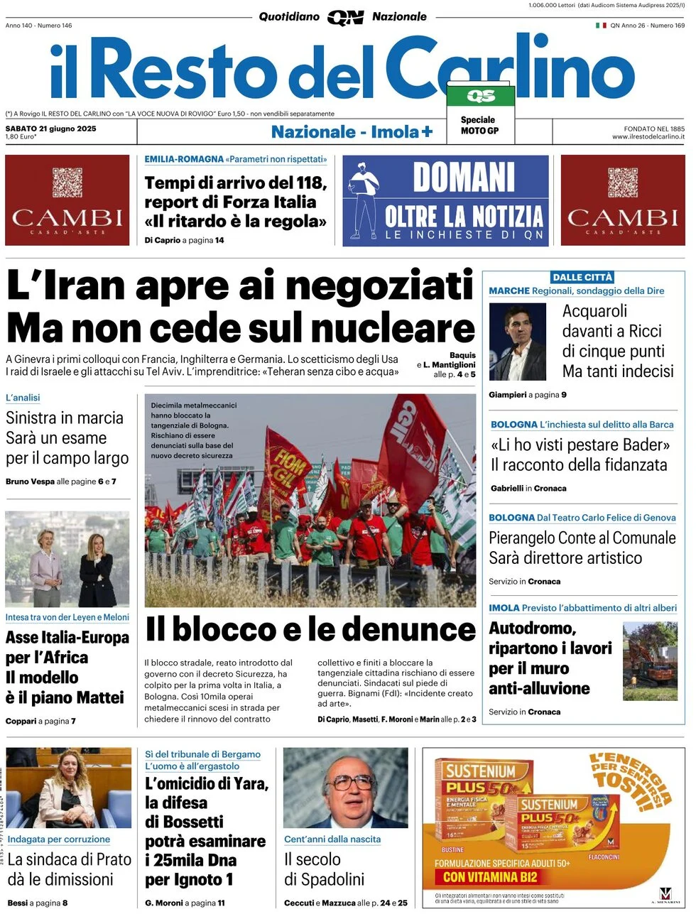 anteprima della prima pagina di il-resto-del-carlino del 21/06/2025