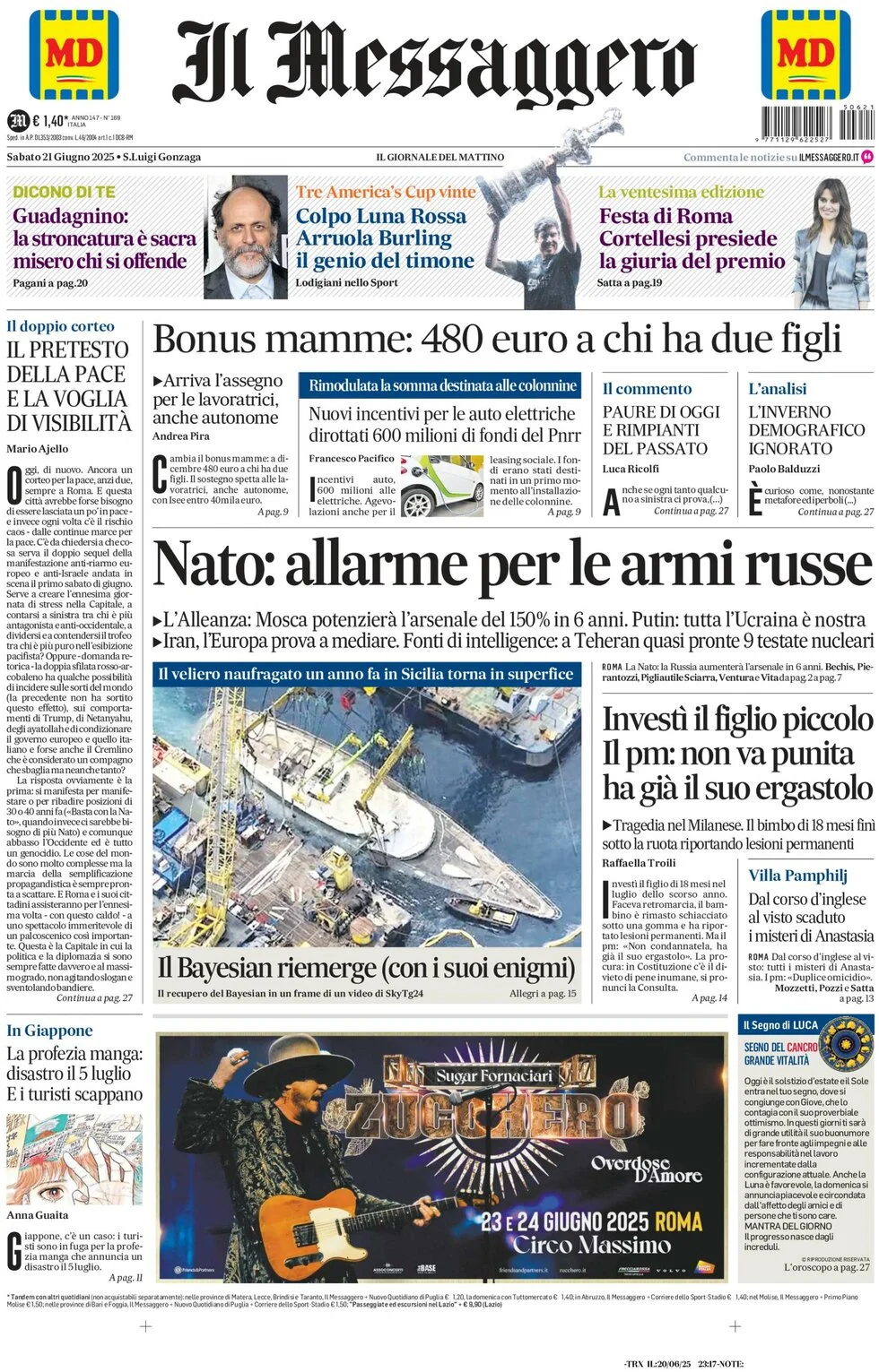 anteprima della prima pagina di il-messaggero del 21/06/2025