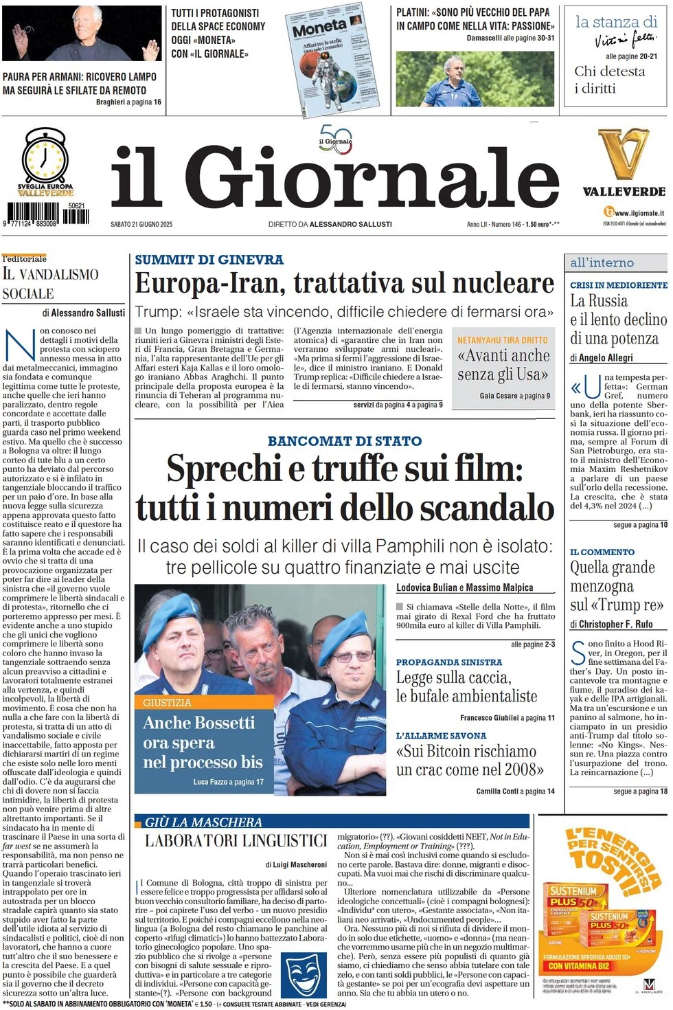 anteprima della prima pagina di il-giornale del 21/06/2025