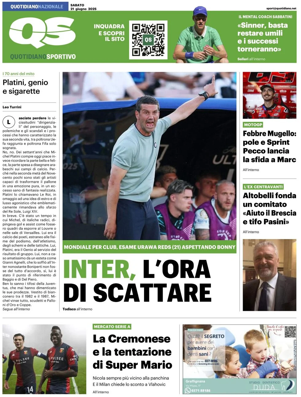 anteprima della prima pagina di qs-quotidiano-sportivo del 21/06/2025