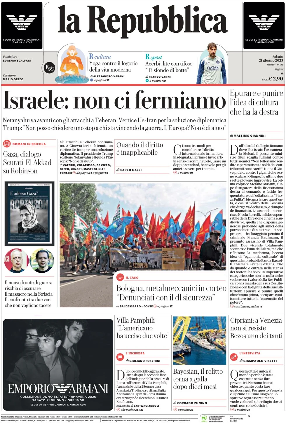 anteprima della prima pagina di la-repubblica del 21/06/2025
