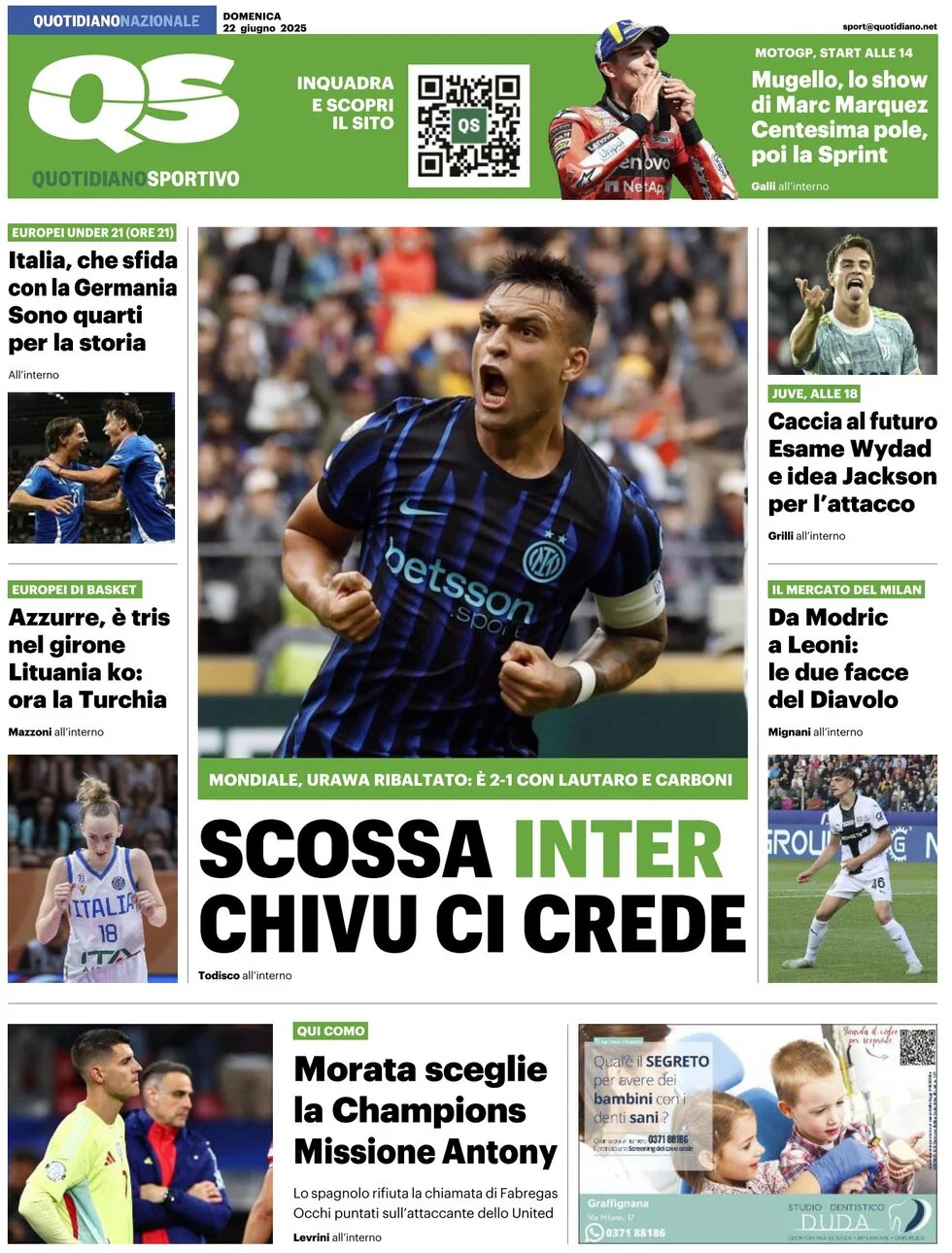anteprima della prima pagina di qs-quotidiano-sportivo del 22/06/2025