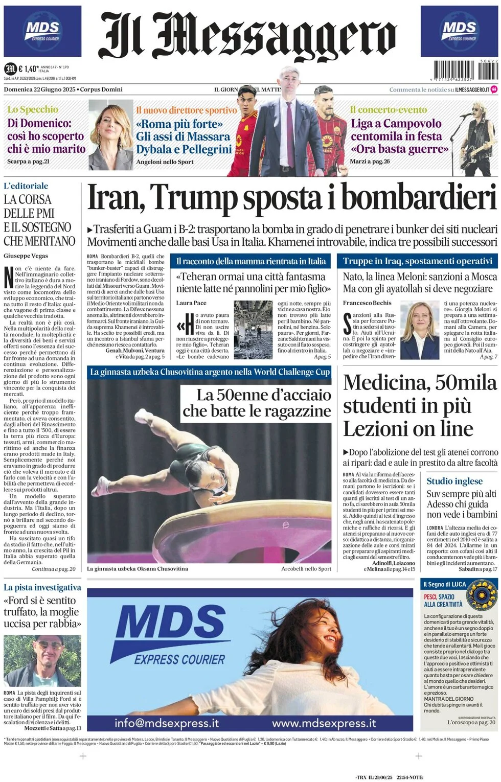 anteprima della prima pagina di il-messaggero del 22/06/2025