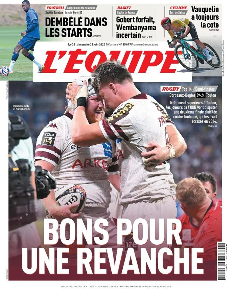 anteprima della prima pagina di lequipe del 22/06/2025