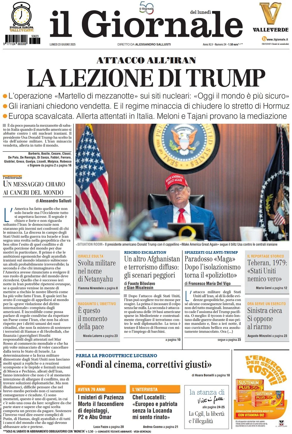anteprima della prima pagina di il-giornale del 23/06/2025