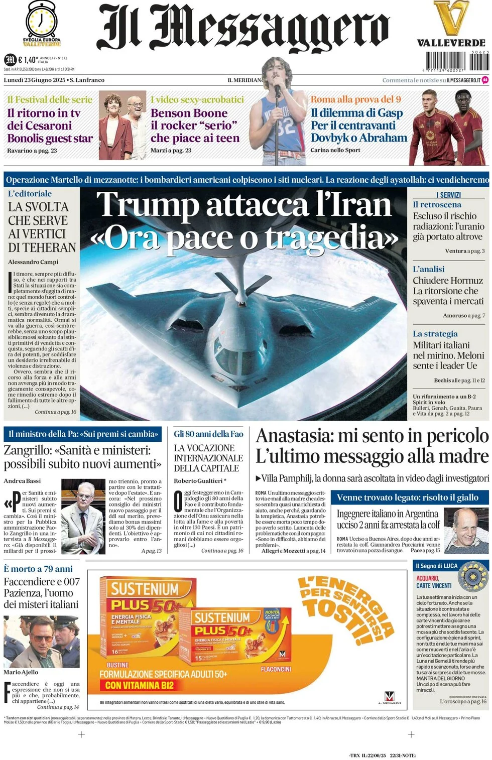 anteprima della prima pagina di il-messaggero del 23/06/2025