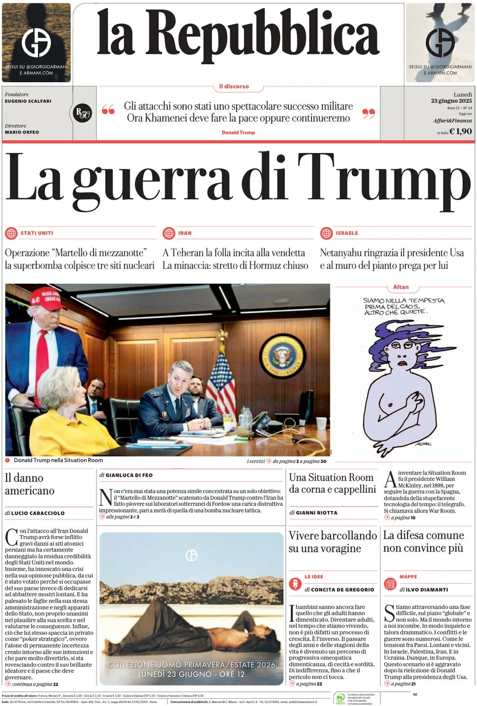 anteprima della prima pagina di la-repubblica del 23/06/2025