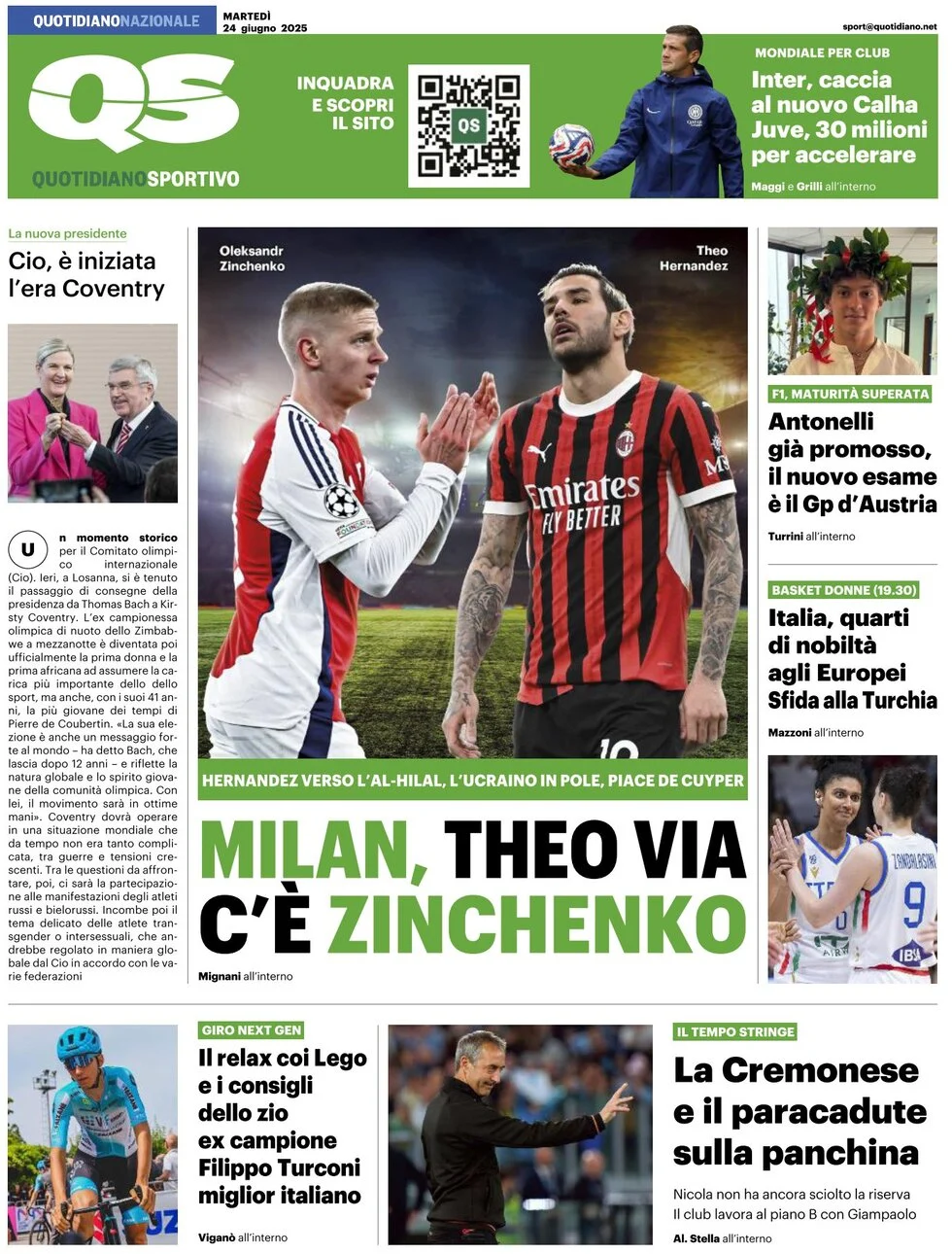 anteprima della prima pagina di qs-quotidiano-sportivo del 24/06/2025