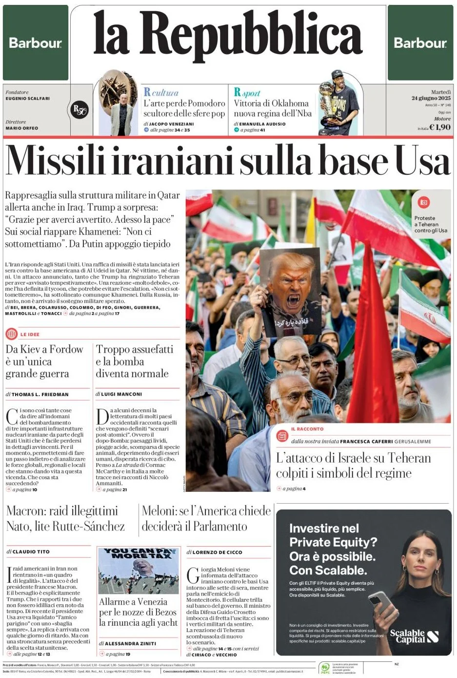 anteprima della prima pagina di la-repubblica del 24/06/2025