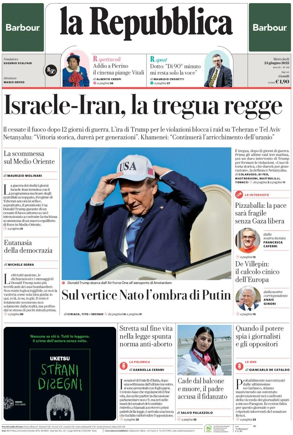 anteprima della prima pagina di la-repubblica del 25/06/2025