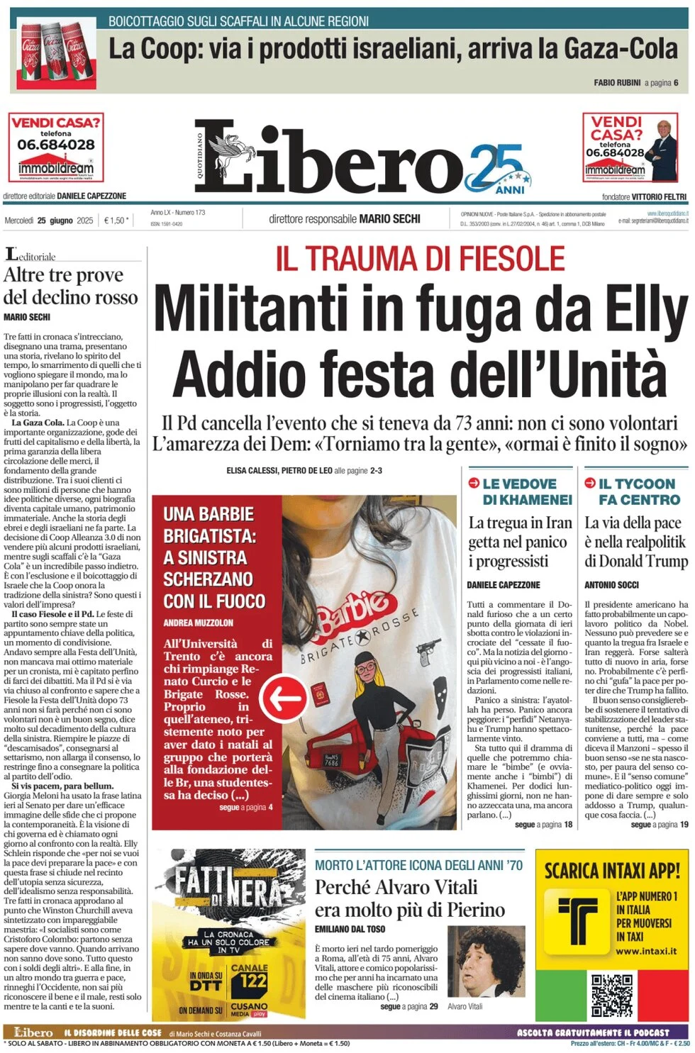 anteprima della prima pagina di libero-quotidiano del 25/06/2025