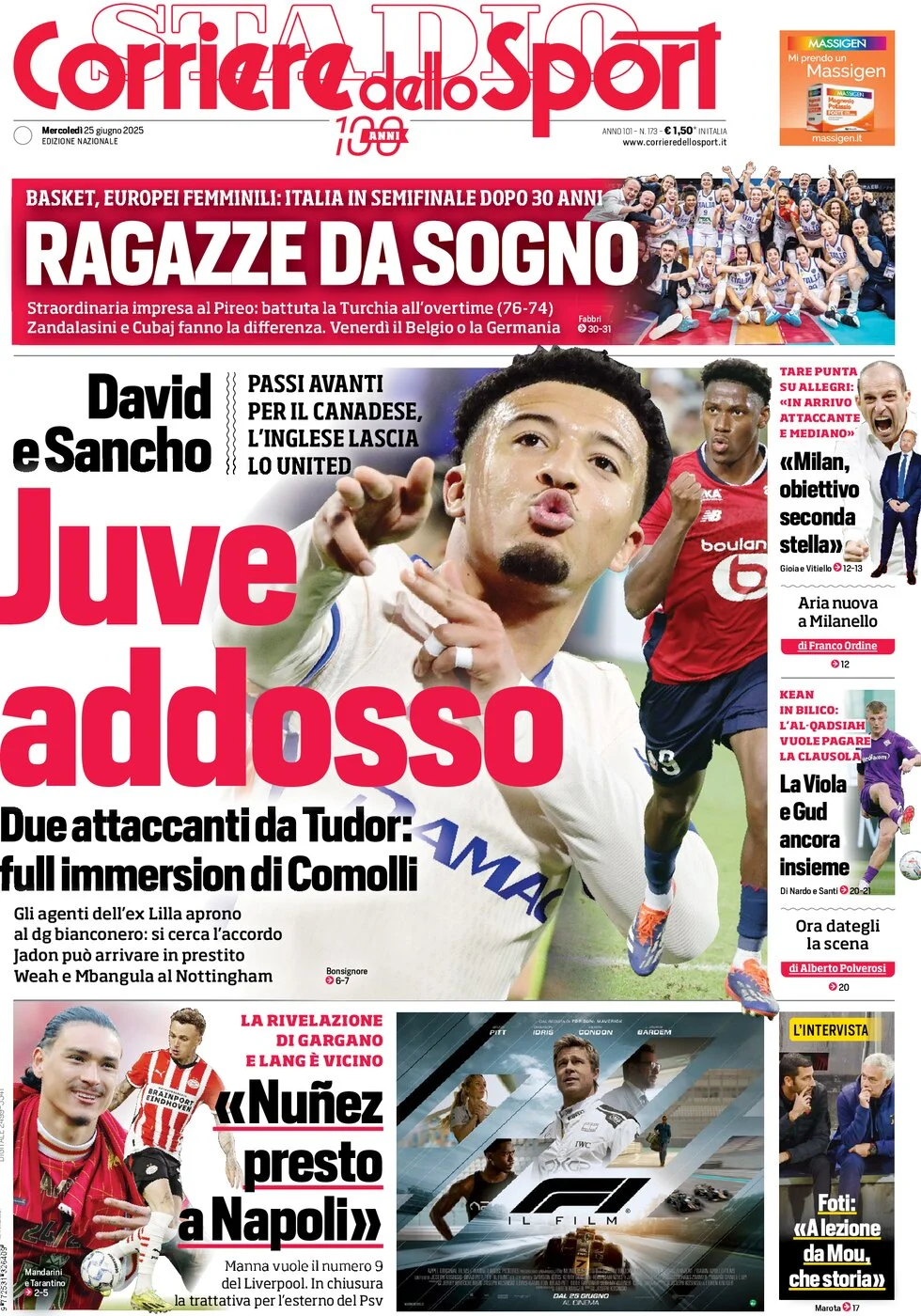 anteprima della prima pagina di corriere-dello-sport del 25/06/2025