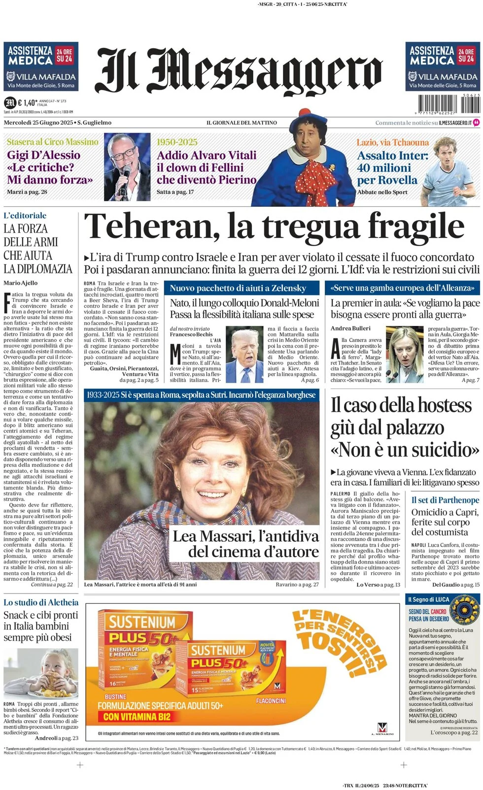 anteprima della prima pagina di il-messaggero del 25/06/2025