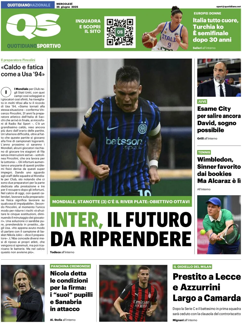 anteprima della prima pagina di qs-quotidiano-sportivo del 25/06/2025