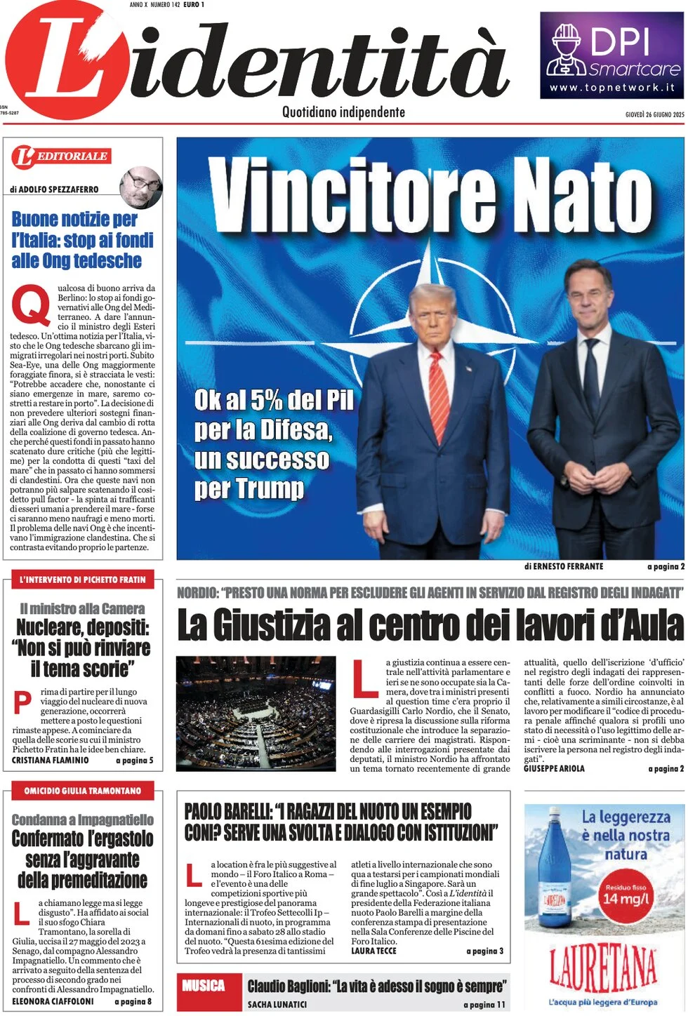 anteprima della prima pagina di lidentit del 26/06/2025