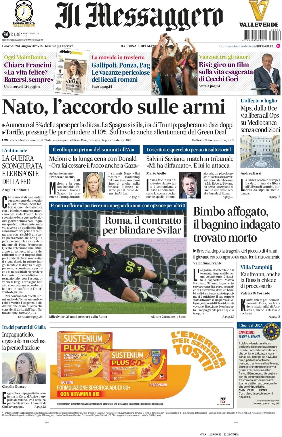 anteprima della prima pagina di il-messaggero del 26/06/2025