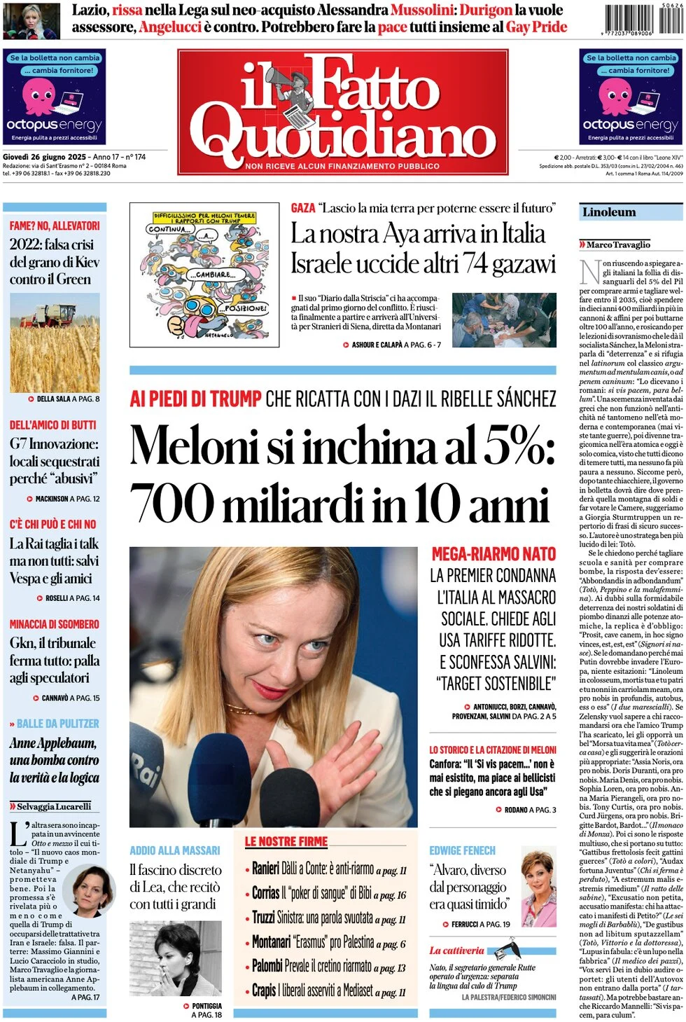 anteprima della prima pagina di il-fatto-quotidiano del 26/06/2025
