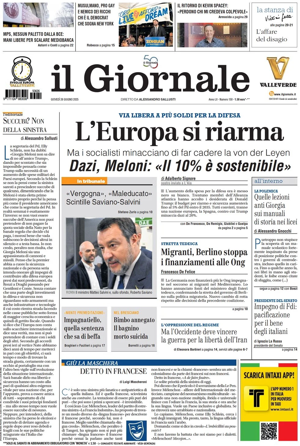 anteprima della prima pagina di il-giornale del 26/06/2025