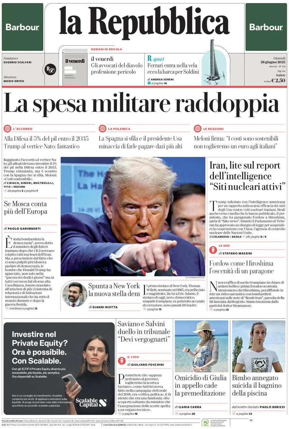 anteprima della prima pagina di la-repubblica del 26/06/2025
