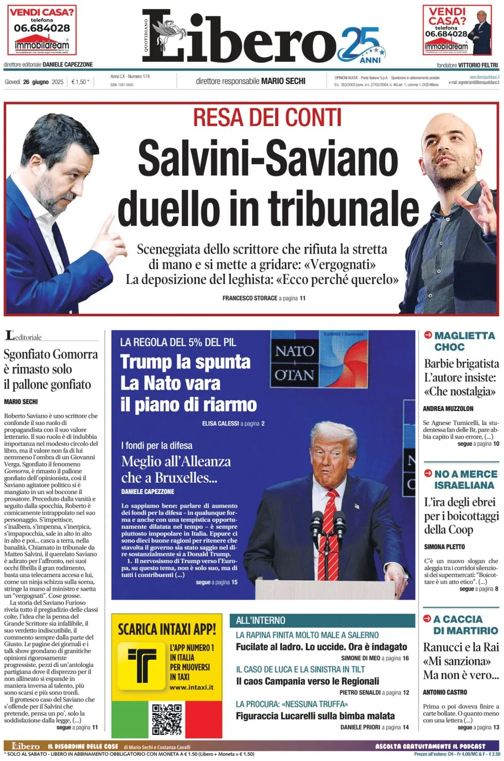 anteprima della prima pagina di libero-quotidiano del 26/06/2025