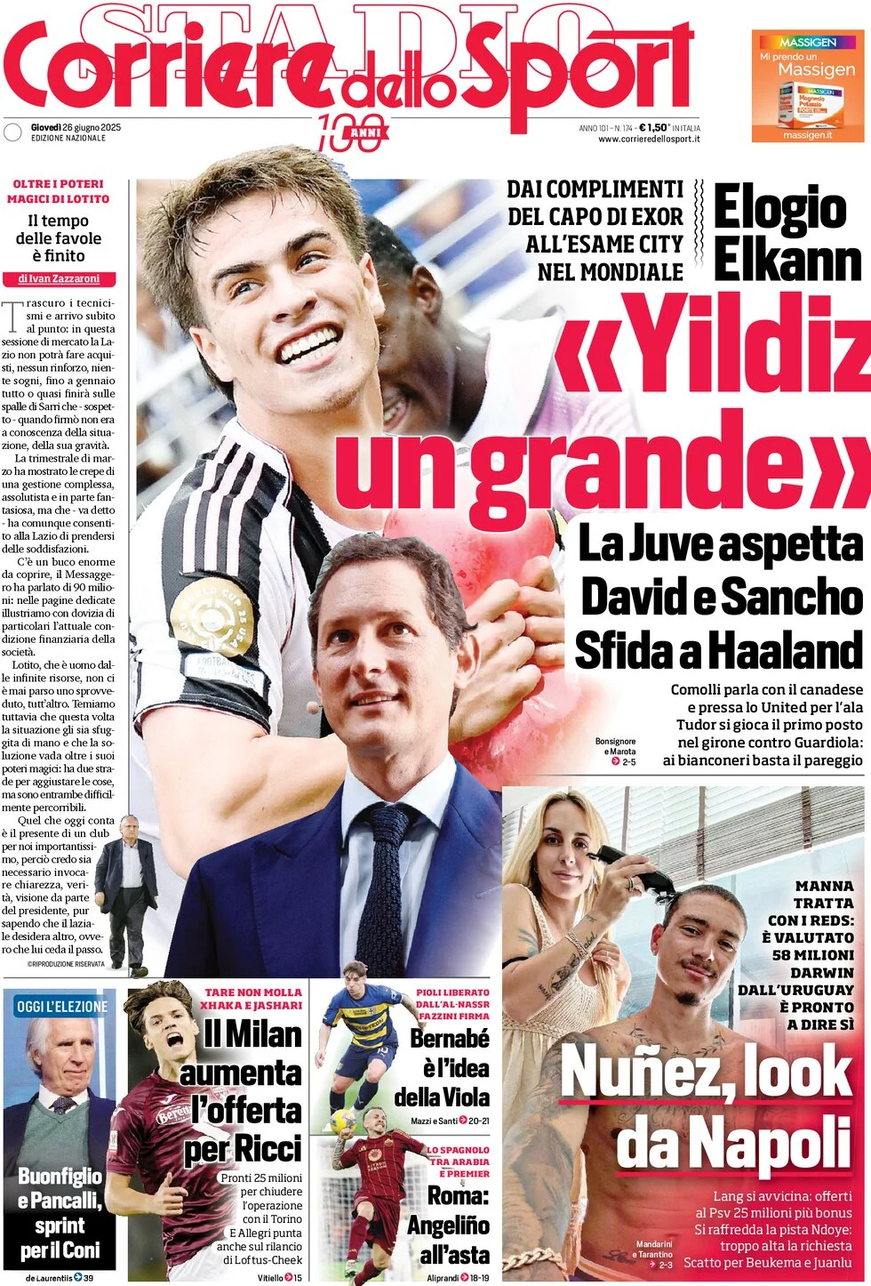 anteprima della prima pagina di corriere-dello-sport del 26/06/2025