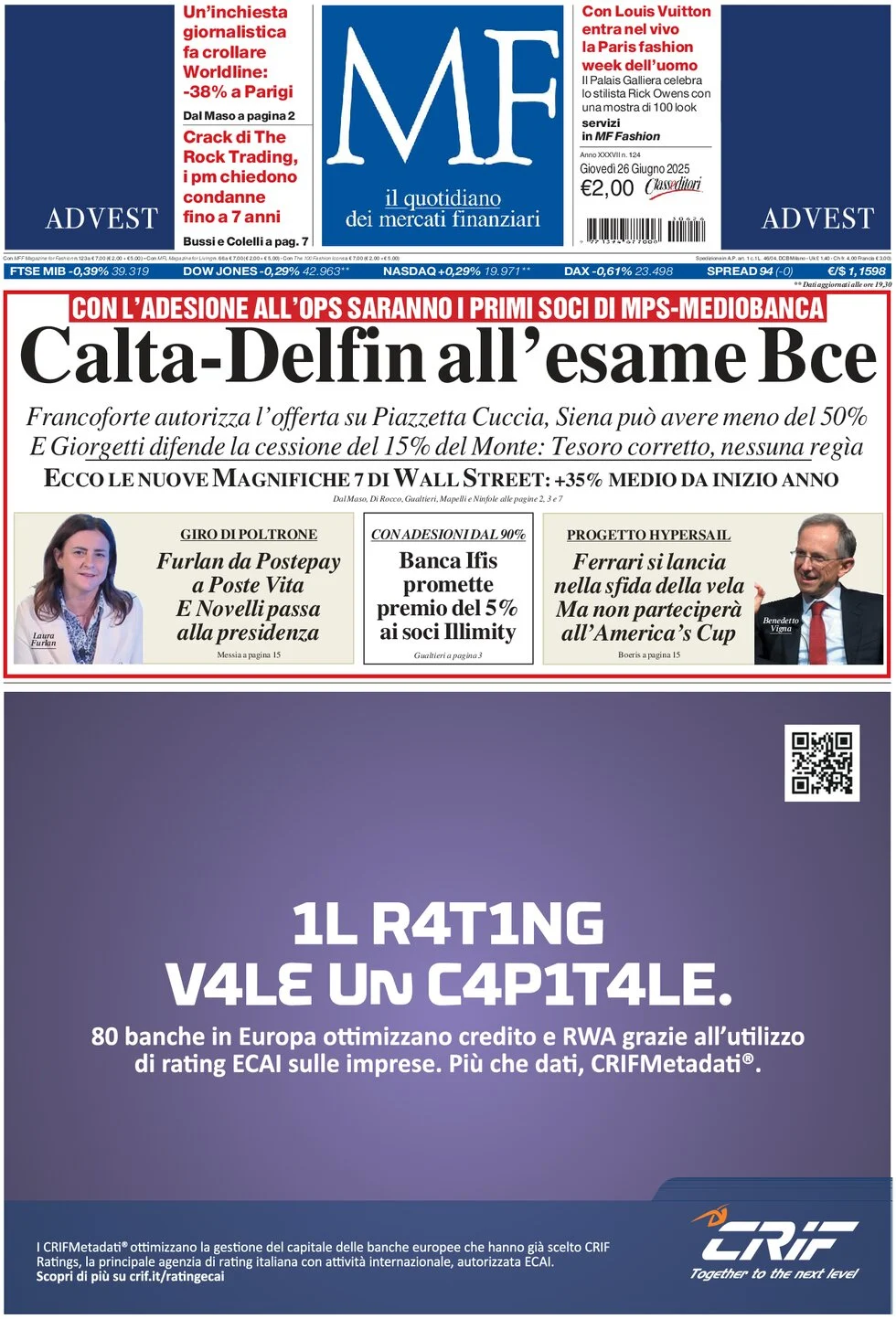 anteprima della prima pagina di mf-milano-finanza del 26/06/2025