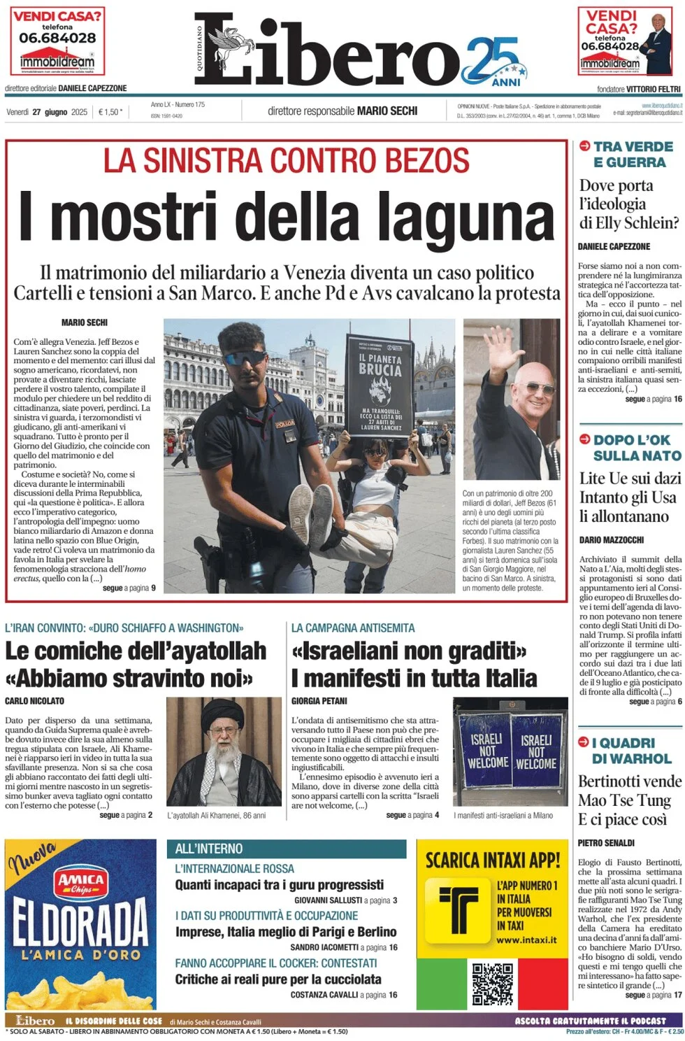 anteprima della prima pagina di libero-quotidiano del 27/06/2025