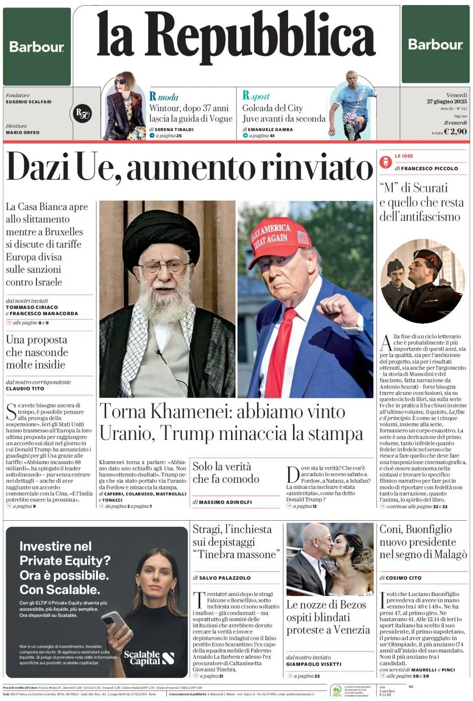 anteprima della prima pagina di la-repubblica del 27/06/2025