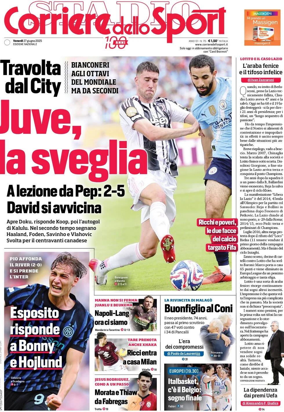 anteprima della prima pagina di corriere-dello-sport del 27/06/2025