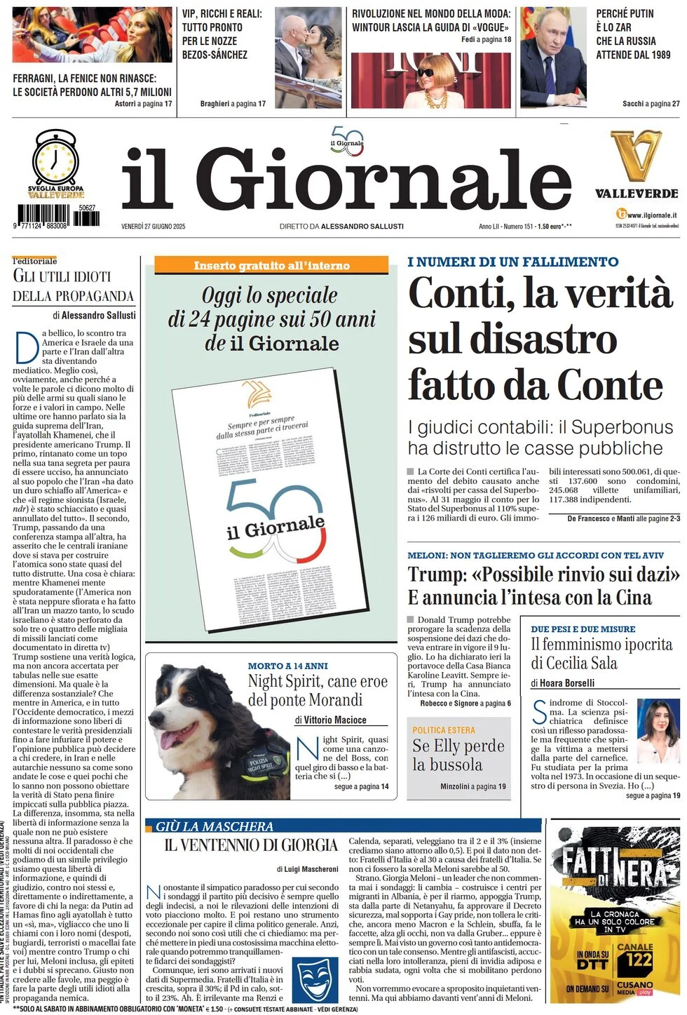 anteprima della prima pagina di il-giornale del 27/06/2025