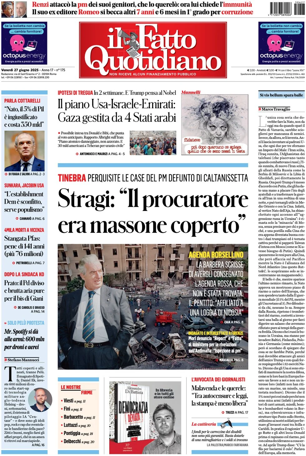 anteprima della prima pagina di il-fatto-quotidiano del 27/06/2025