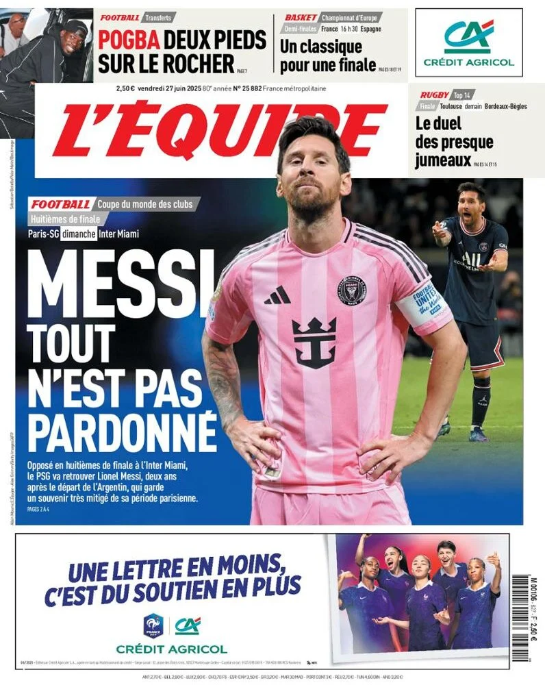 anteprima della prima pagina di lequipe del 27/06/2025