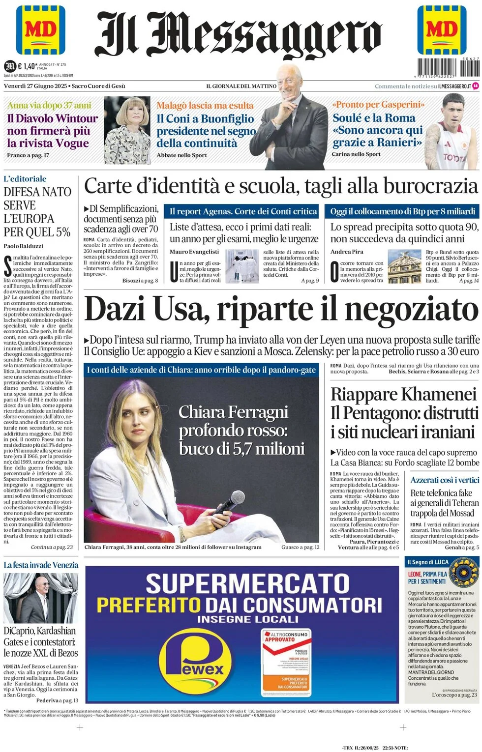 anteprima della prima pagina di il-messaggero del 27/06/2025