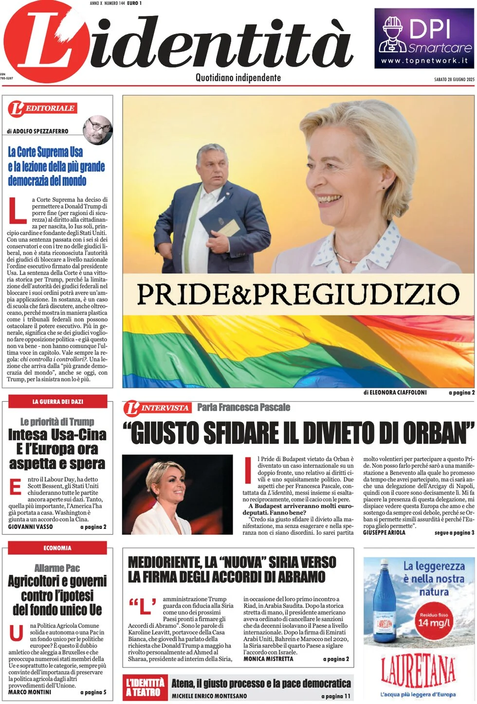 anteprima della prima pagina di lidentit del 28/06/2025