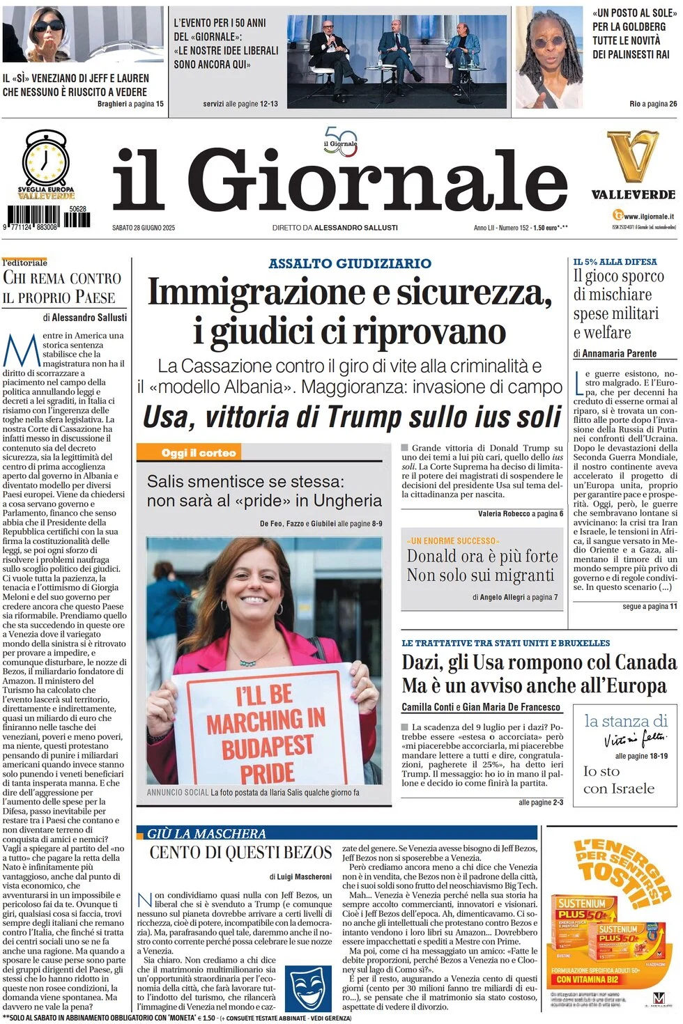 anteprima della prima pagina di il-giornale del 28/06/2025