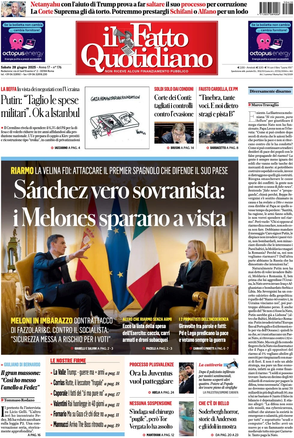 anteprima della prima pagina di il-fatto-quotidiano del 28/06/2025