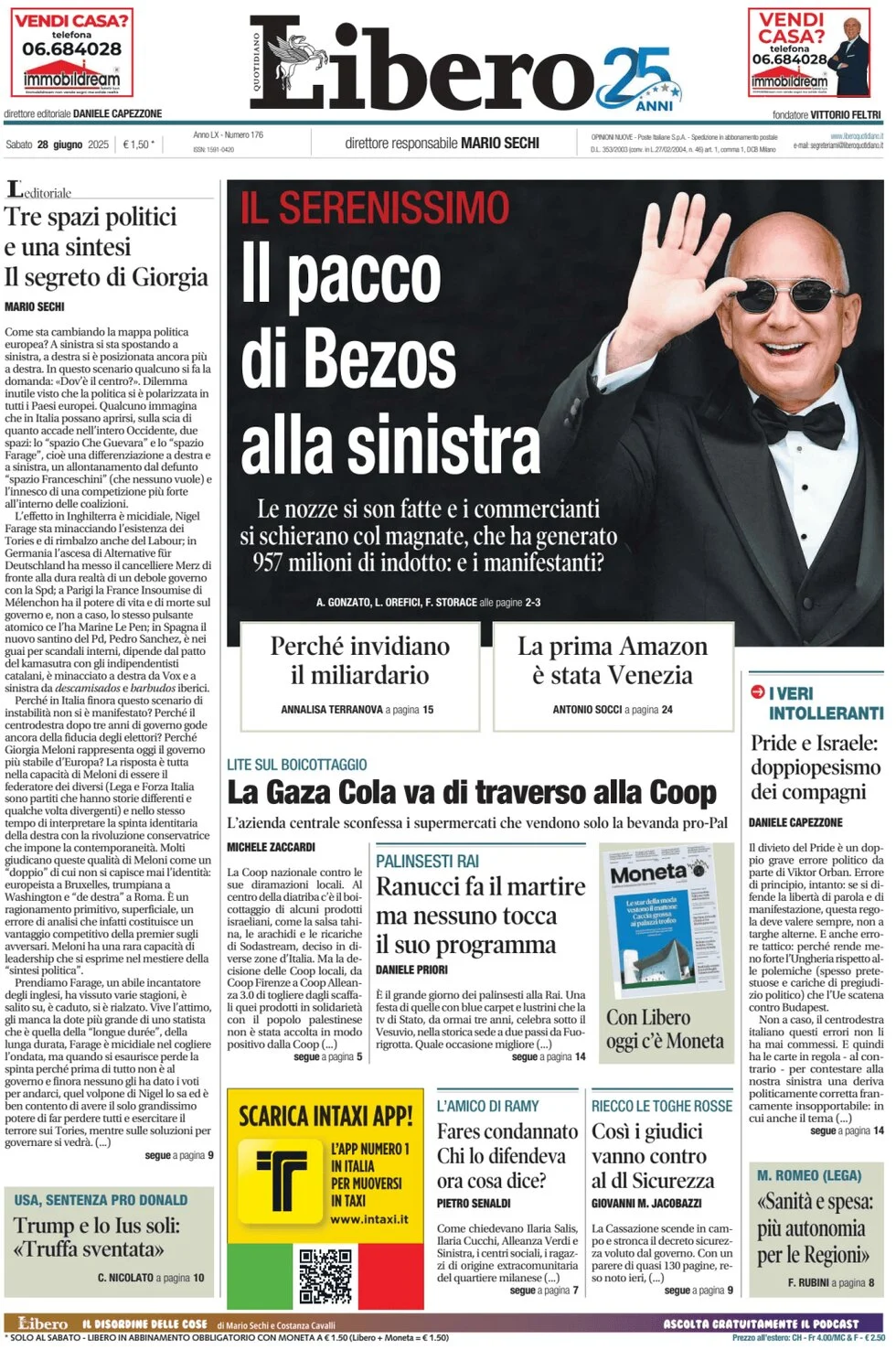 anteprima della prima pagina di libero-quotidiano del 28/06/2025