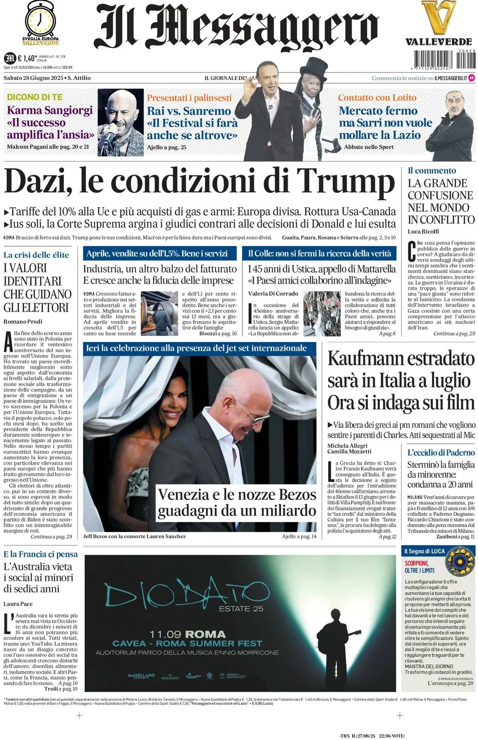 anteprima della prima pagina di il-messaggero del 28/06/2025