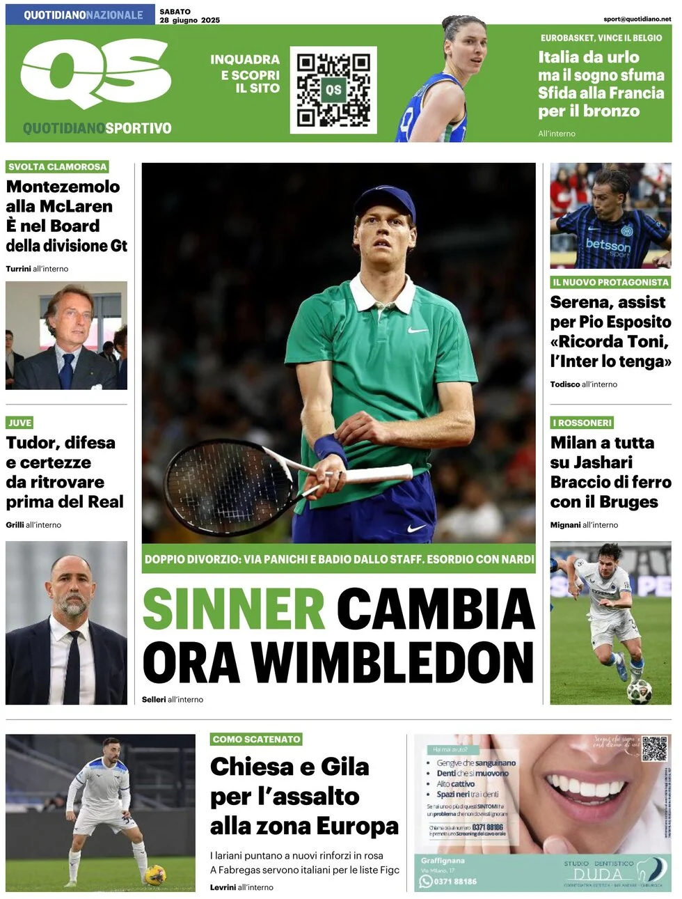 anteprima della prima pagina di qs-quotidiano-sportivo del 28/06/2025