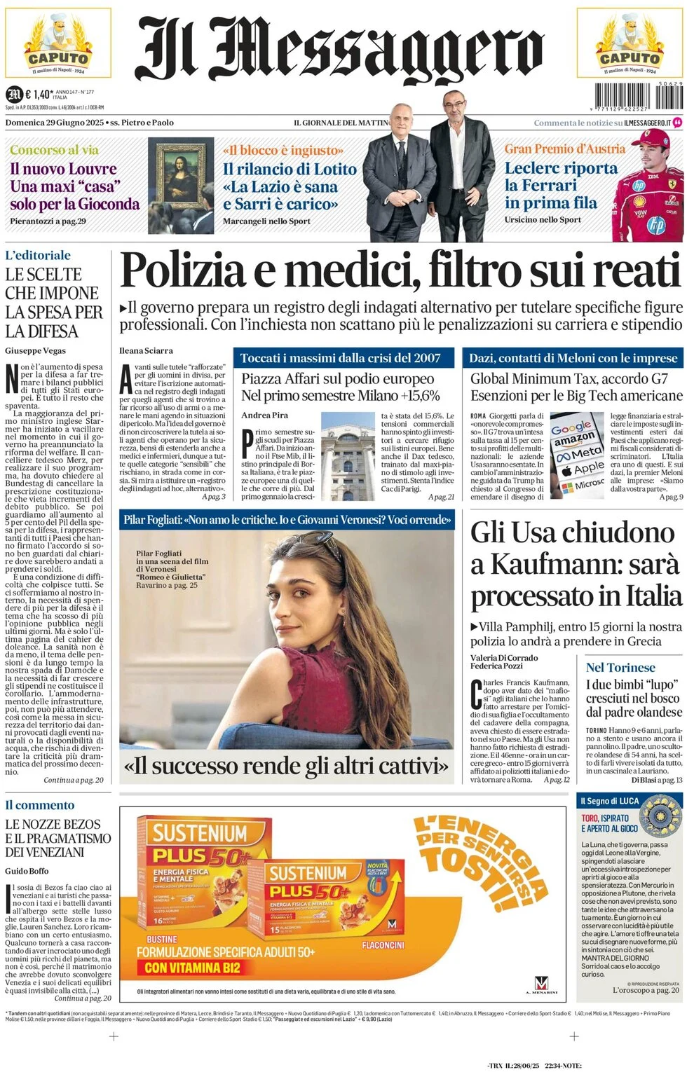 anteprima della prima pagina di il-messaggero del 29/06/2025
